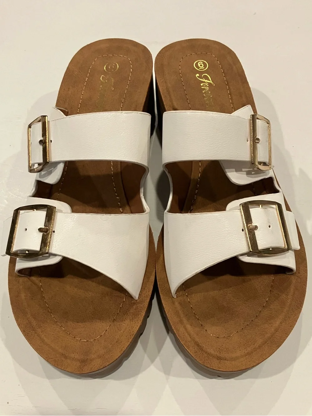 White Buckle-Detail Slide Heels